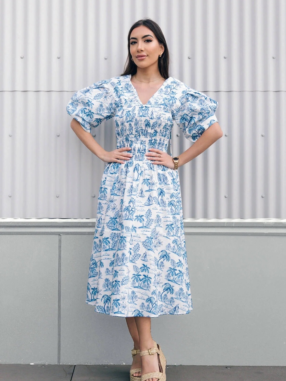 Jessie Zhao New York Leandra Blue Smocked V-Neck Midi Dress